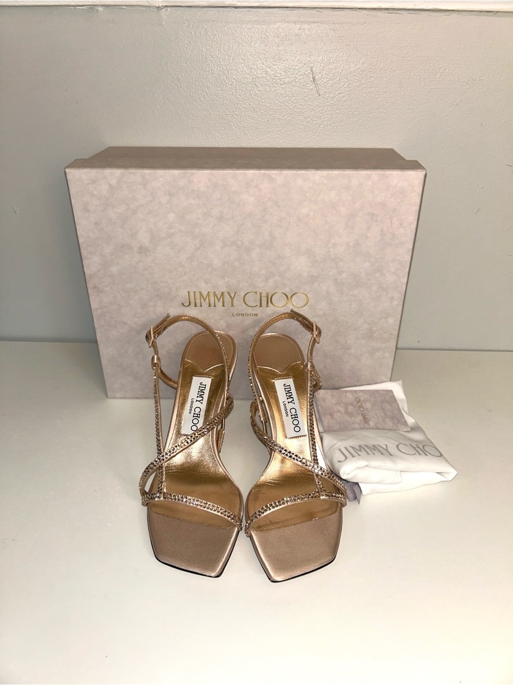 Jimmy Choo Etana 80 Satin Crystal Slingback Heels in Macaron